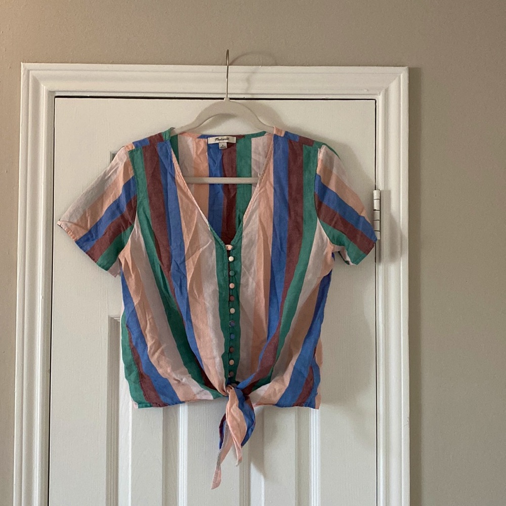 Madewell brand linen button down tee with tie waist